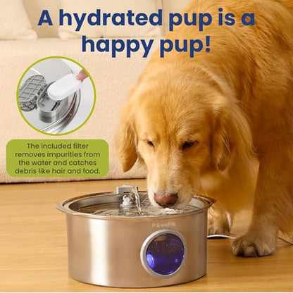 PawsPik Ultra-Quiet Stainless Steel Dog Water Fountain, 1.8-gal - color: Silver