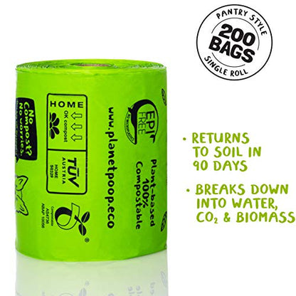 PLANET POOP Home Compostable Dog Poop Bags Extra Long with Handles | Large Single Roll 200 Count Grab & Go | Un-scented Waste Bag | Leakproof Doggy & Cat Bags | Plant-Based Pet Supplies - size: 200 Count (Pack of 1)