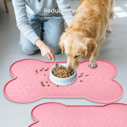 PWTAA Dog Food Mat Anti-Slip Silicone Dog Bowl Mat Thicker Pet Placemat Waterproof Cat Feeder Pad with Raised Edge Puppy Kitten Feeding Mats Suitable Small Medium-Sized Dogs Cats Eating Tray - 2PCS - color: Pink, size: 19.4" x 9.8"-2PCS