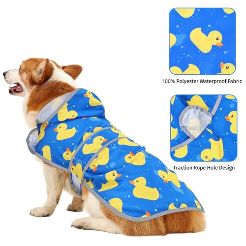 Dog Raincoat for Large Dogs Waterproof Jacket Hooded Rain Coats with Reflective Strips Leash Hole & Poncho Adjustable Fit (ShinyDuck,L) - color: A. Ducks, size: Large