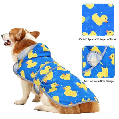 Dog Raincoat for Large Dogs Waterproof Jacket Hooded Rain Coats with Reflective Strips Leash Hole & Poncho Adjustable Fit (ShinyDuck,L) - color: A. Ducks, size: Large