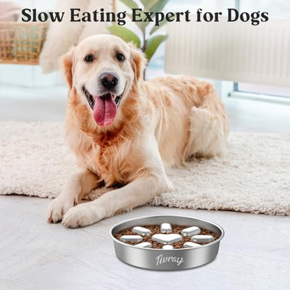 Slow Feeder Dog Bowls, 304 Stainless Steel Slow Feed Pet Bowl with Non-Slip Base for Medium Breed Dogs to Stop Bloat Prevent Choking, Dishwasher Safe, Silver - color: Silver, size: 3 Cups