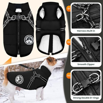 PETCARE Winter Dog Coat with Harness Built in Waterproof Dog Jackets Warm Pet Fleece Vest Windproof Snow Jacket Snowsuit Reflective Dogs Cold Weather Coats for Puppy Small Medium Large Dogs Cats - color: Black, size: 2XL(Chest 19.7" Suggest 16-22 lbs)