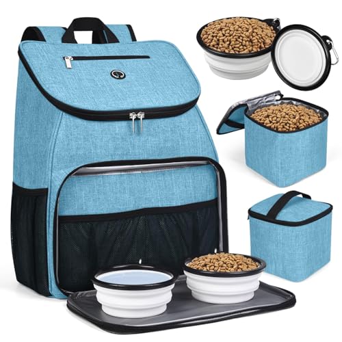 BAGLHER丨Dog Travel Bag, Airline Approved Pet Supplies Backpack, Dog Travel Backpack with 2 Silicone Collapsible Bowls and 2 Food Baskets - color: Sky Blue-A