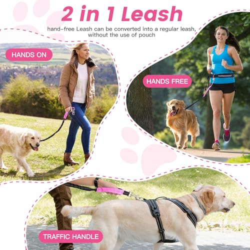 Caudblor Waist Leash for Medium Large Dog Walking, Bungee Hands Free Leash with Zipper Pouch, Around The Waist No Pull Running Dog Belt, Padded Handle Jogging No Hands Heavy Duty - color: Rose