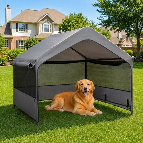 Extra Large Dog House Outside, Dog Tent Outdoor, Big Dog Shade Shelter Doghouse Canopy with Three-Sided Breathable Mesh Windows, Gray Sun Rain Cover for Pet - size: Dog House with Mesh Windows