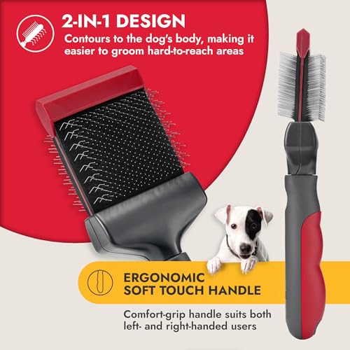 KONG Double-Sided Flexible Slicker Brush – De-Shedding & Detangling Tool, Padded Grip, Long Metal Pins, Flexible Head, for Medium to Large Dogs with Medium to Long Coats, Red/Gray - size: Medium Double-Sided Flexible Slicker