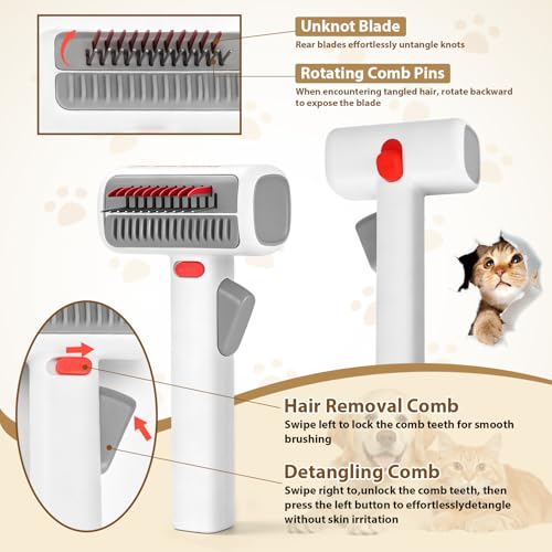 2-in-1 Pet Self-Detangling Grooming Comb, Professional Dematting Brush & Undercoat Rake for Dogs and Cats, Removes Mats Tangles Loose Fur, Gentle for Long/Short Thick Curly Fur