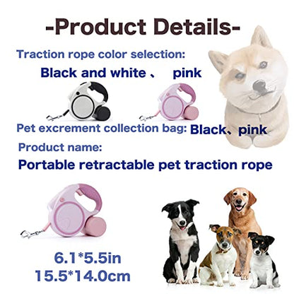 Retractable Dog Leash with LED Flashlight for Girl, 16ft Dog Walk Leash with Removable Poop Bag Holder for Small and Medium Dogs, Dog Leash with Reflective Strong Nylon Tape (3 Dog Poop Bag, White)