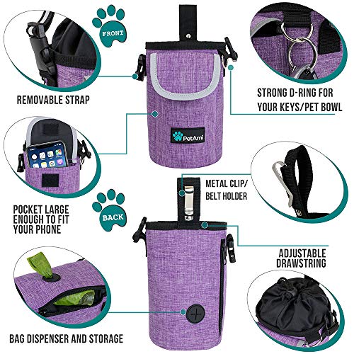 PetAmi Dog Treat Pouch, Large 3-Cup Dog Training Treat Bag with Poop Bag Dispenser, Hands-Free Waist Belt & Crossbody Strap, Reflective with Multiple Pockets & Belt Clip (Purple) - color: Purple