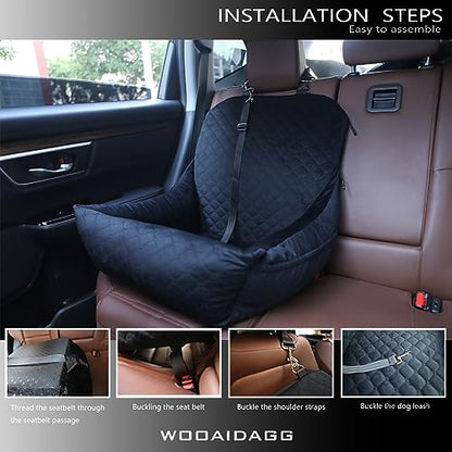 Wooaidagg Dog Car Seat for Small Dogs Up to 25 lbs,Covered Ultra-Soft Fabric and Fill in Memory Foam,Fully Detachable and Washable,2 Clip-On Safety Leashes and Storage Pockets(Black) - color: Black