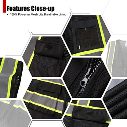 High Visibility Reflection Black Mesh Safety Vests with 8 Pockets and Front Zipper, hi vis safety vest for Men and Women, Meets ANSI/ISEA Standards(Black-07,Large) - color: Black, size: Large