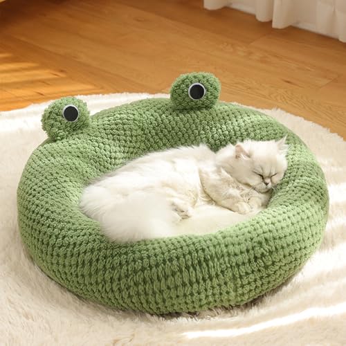 Cute Frog Hooded Cat Bed, Covered Round Fluffy Frogs Cave Green, Plush Half-Enclosed Warm House for Cats Small Dogs Kitten Puppy Sleeping Green,Sleeping Bag Pet Tent for Cats and Small Dogs. - color: Roundnest, size: Medium