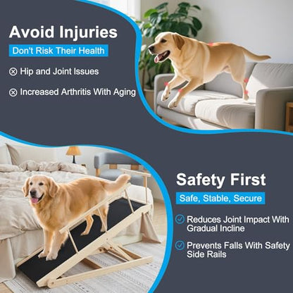 Dog Ramp for Bed and Couch, 5 Height Adjustable Solid Wood Pet Ramp for Small, Medium & Large Dogs, Collapsible Anti-Slip Dog Ramp for Sofa, Couch & Beds(Wood, 115)