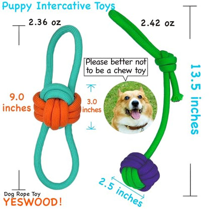 YESWOOD! Tug of War Dog Toy Small Breed,Dog Rope Ball with Two Loop Handles,4-Pack Rope with Ball Attached for Small and Medium Breed 0-80 Pounds,Puppy Interactive Toy