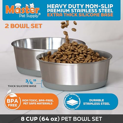 Master Pet Supply Stainless Steel Dog Bowls Set of 2 with Extra Thick Silicone Base - 8 Cup (64 oz) Graphite, Non-Slip, Dishwasher Safe Metal Bowls, Pet Dog Food Bowl for Dogs, Cats, Anti Rust - color: Graphite, size: 8 Cups (64 oz) 2 Pack