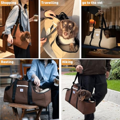 ETIAL Dachshund Shoulder Carrier Bag, Ergonomic Pet Sling with Adjustable Handheld & Crossbody Strap, Lightweight Ventilated Dog Purse for Small Long-Bodied Breeds,Safety Leash (Tan) - color: Tan