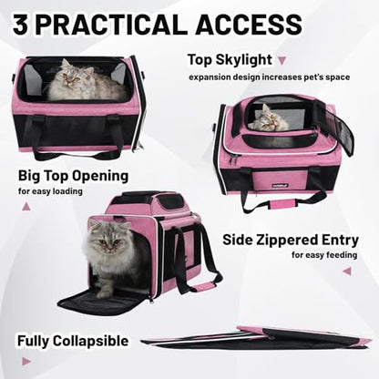 Top-Expandable Cat Carrier 18x11x11, United Delta American Airline Approved Dog Travel Carrier, Soft-Sided Pet Carry Bag Under-Seat in Cabin, Puppy Airplane Crate TSA Plane Kitten Cage Pink - color: Pink