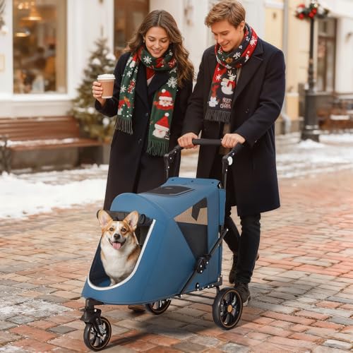 Magshion Pet Stroller for Medium Dogs w/Adjustable Handle, 3-Wheel Dog Cat Wagon w/Dual Entry, Rear Storage, Breathable Mesh, One-Foot Brake, Ideal for Large Pets up to 55 lbs, Navy Blue - color: Navy Blue, style: Up to 55 lbs