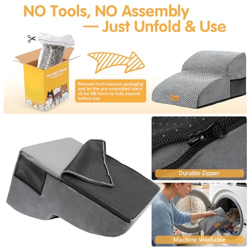 Topmart High Density Extended Foam Dog Ramp&Steps 2 Tiers,11.8" High,Non-Slip Dog Stairs,Soft Foam Pet Ladder with Removable Cover,Best for Injured,Older Cats,Pets with Joint Pain - color: Grey, size: 21.7*15.7*11.8