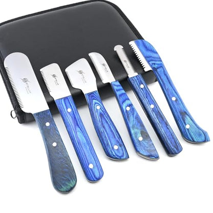Dog Grooming Stripping Knife Set – 6-Piece Stainless Steel Hand Stripping Tools with Wooden Handles – Coarse, Medium, Fine & Extra-Fine Knives for Dogs, Cats & Wire-Coated Pets (Blue) - color: Blue