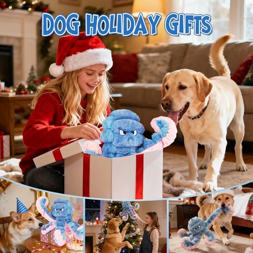 Tough Octopus Dog Toy, Interactive Squeaky & Crinkle Tug of War Toy for Aggressive Chewers, Large Durable Plush Chew Toys to Keep Dogs Busy- Crinkle Octopus, Large (Blue) - color: Blue
