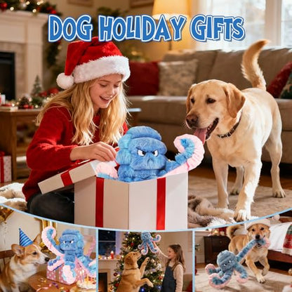 Tough Octopus Dog Toy, Interactive Squeaky & Crinkle Tug of War Toy for Aggressive Chewers, Large Durable Plush Chew Toys to Keep Dogs Busy- Crinkle Octopus, Large (Blue) - color: Blue