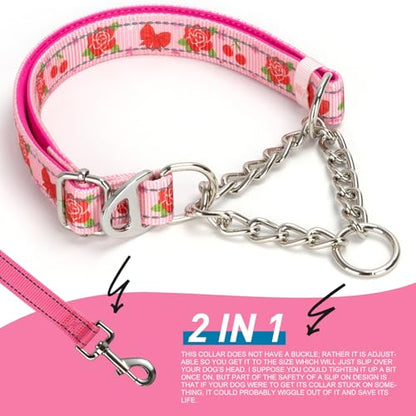 Rose Flower Pattern Martingale Collar, Reflective No-Pull Adjustable Dog Training Collar with Chain for Medium, Large & XL Breeds(Medium Rose) - color: 15, size: M(Neck12"-17")