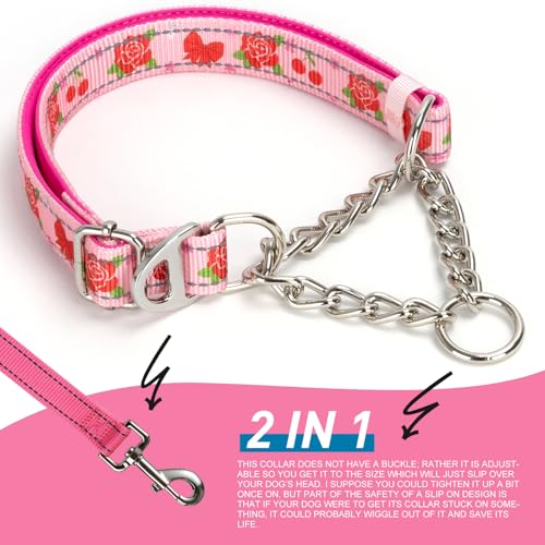Rose Flower Martingale Dog Collar，Reflective No-Pull Adjustable Chain Collar for Medium,Large & XL Dogs (Large Rose) - color: 15, size: L(Neck15"-22")