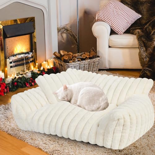 Cute Cat Couch Bed for Indoor Cats, Fluffy Pet Cat Sofa with Premium Soft Corduroy Fleece, Cute Small Dog Beds for Small Dogs, Fuzzy Puppy Chair with Removable Washable Cover (24x18x10,Cream) - color: White, size: Small