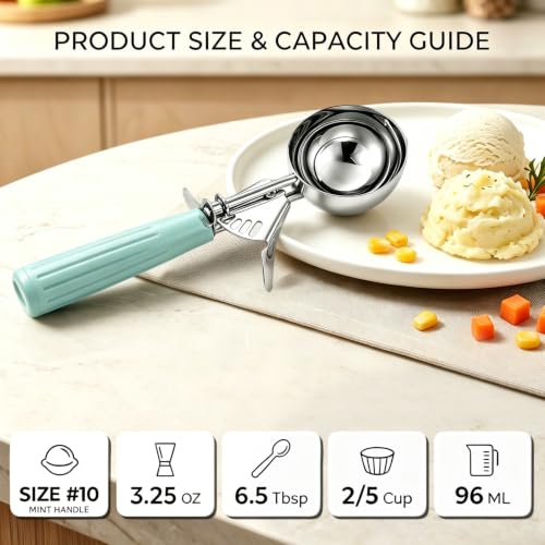Saebye 3.25 OZ Scoop - #10 Portion Scoop, Ice Cream Scoop with Trigger, Cookie Scoop, Food Scoop, Muffin Scoop - Portion Control - 18/8 Stainless Steel, Mint Handle - size: #10/ 3.25 oz