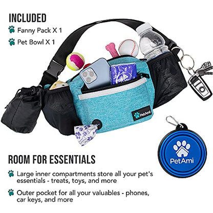 PetAmi Dog Fanny Pack, Treat Pouch for Dog Walking, Training, Built in Poop Bag Dispenser, Water Bottle Holder, Collapsible Bowl, Pet Treat Waist Belt for Hiking, Running, Kibbles (Turquoise) - color: Sea Blue