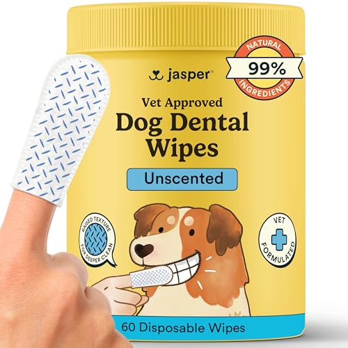 Jasper Dog Dental Wipes, Vet-Recommended All-Natural Finger Toothbrush Wipes for Dogs, Fresh Breath & Tartar Control in Seconds – No Brush and Toothpaste Needed, Unscented, 60 Count