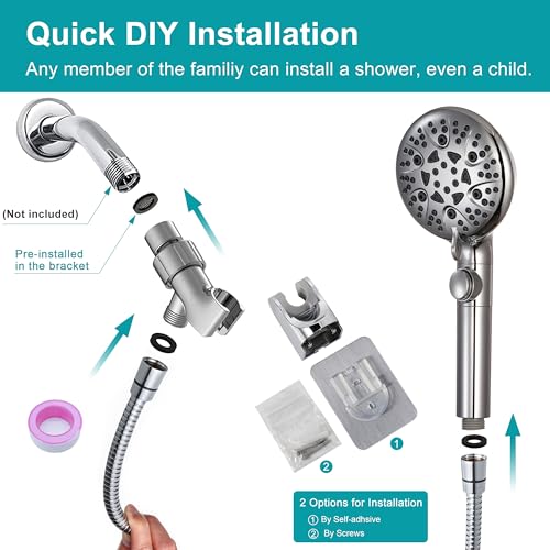 GwernKB Handheld Shower Head with On Off Switch 8-Mode High Pressure Showerhead with 79 Inches Extra-long Stainless Steel Hose and Bracket PLUS Extra Low-Reach Adhesive Wall Mount for Kids,Silver… - color: Silver
