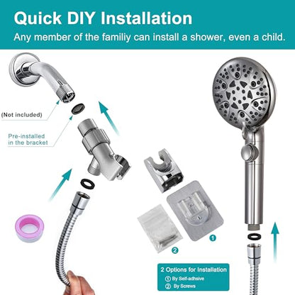 GwernKB Handheld Shower Head with On Off Switch 8-Mode High Pressure Showerhead with 79 Inches Extra-long Stainless Steel Hose and Bracket PLUS Extra Low-Reach Adhesive Wall Mount for Kids,Silver… - color: Silver