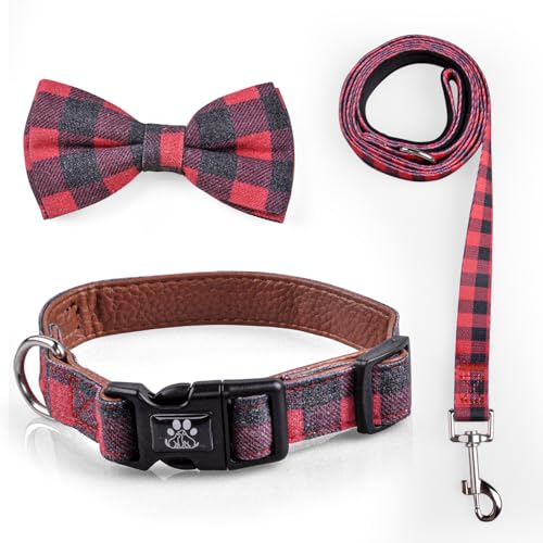 IVY&LANE Dog Collar with Bowtie and Leash Set | Plaid Adjustable Dog Collar | Detachable Bow Tie |5 FT Dog Leash | for Small Medium Large Dogs | Checkered Red | Small - color: Checkered Red, size: S
