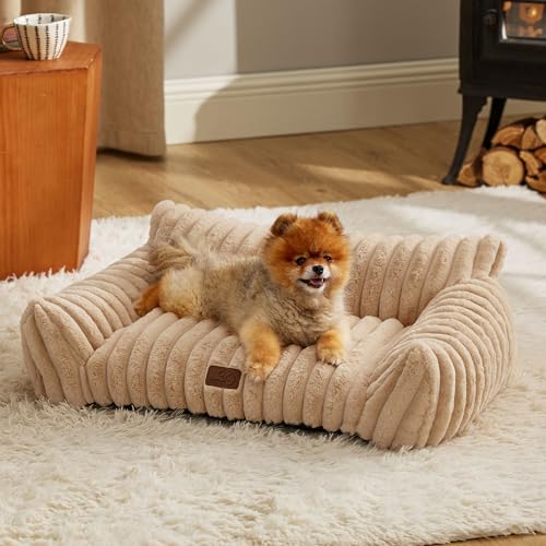 Bedsure ComfyFleece™ Cute Cat Couch for Pets - As Seen on TV on Good Day New York, Small Medium Dog Bed, Supportive Couch Bed for Small Dogs, 30 Inch, Sandy Beige - color: Sandy Beige, size: 30x20x10"