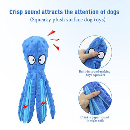 Squeak Dog Toy, 12.5In Plush Octopus Dog Toy with Crinkle Paper and Squeaky Inside, No Stuffing Dog Toys for Indoor Dog (Blue) - color: blue