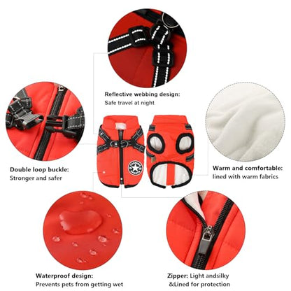 Aiboria Dog Jacket Windproof Warm Pet Fleece Coat Dog Sweater Padded Vest with Chest Strap Harness Red L - color: Red, size: Large