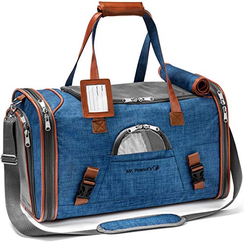 Mr. Peanut's Airline Approved Soft Sided Pet Carrier, Low Profile Gold Series Tote, Premium Brand Self Locking Zippers, Under Seat Compatibility, Plush Faux Fleece Bedding with a Sturdy Plywood Base - color: Deja Blue