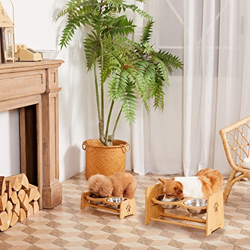 X-ZONE PET Elevated Dog Bowls for Cats and Dogs, Adjustable Bamboo Raised Dog Bowls for Medium Dog, Food and Water Set Stand Feeder with 2 Stainless Steel Bowls and Anti Slip Feet (Height 4.7" to 7") - size: M- Height 4.7" up to 7"
