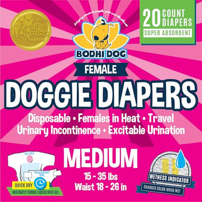 Bodhi Dog Disposable Female Dog Diapers - Super Absorbent Dog Diapers for Female Heat Cycle - Adjustable Fit Pee Wraps for Potty Training, Moisture Control & Wetness Indicator - Medium (20 Count) - size: Medium (Pack of 20)