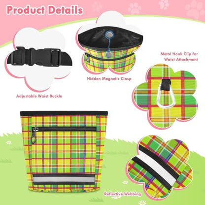 Plaid Water-Resistant Dog Treat Pouch, 3 Ways to Wear Treat Bag with Magnetic Closure & Reflective Strip, Hands-Free for Pet Training, Walking