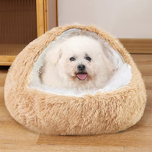 NOYAL Dog Bed Round Hooded Plush Cat Cave Donut Anti Anxiety Fluffy Dog Bed for Small Medium Dog and Cat - color: Golden, size: X-Small 15.7''