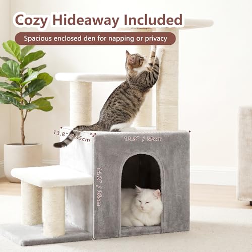 Heybly Cat Scratching Post, Sturdy Pet Stairs & Steps for Indoor Cats and Dogs, Small Cat Tree with Cat Condo, Full Wrapped Sisal Posts & Soft Rabbit-Like Plush Fabric, Light Gray & White HSP002SWWH - color: Light Gray