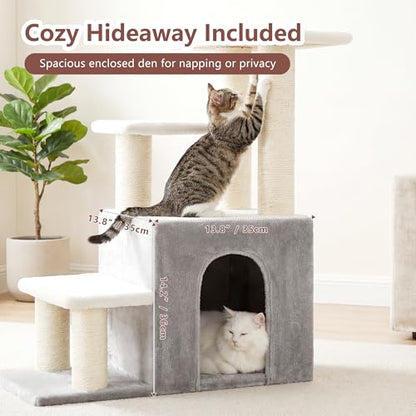 Heybly Cat Scratching Post, Sturdy Pet Stairs & Steps for Indoor Cats and Dogs, Small Cat Tree with Cat Condo, Full Wrapped Sisal Posts & Soft Rabbit-Like Plush Fabric, Light Gray & White HSP002SWWH - color: Light Gray