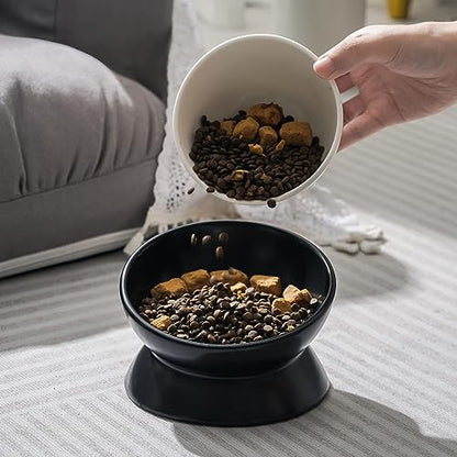 YauYik Ceramic Raised Cat Bowl - Cat Food Bowl Elevated Tilted for Short Leg Cats and Small Dogs - 6 Inches Whisker Friendly Pet Bowl Dish, Reduce Neck Burden Feeding Bowl, Black, 10 Oz