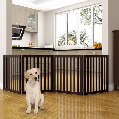 WELLAND 24" Freestanding Pet Gate, Foldable Wooden Dog Gate, 4 Panel Step Over Fence, Indoor Puppy Gate, Expands Up to 80" Wide, Espresso - color: Espresso, size: 4 Panel 80" Wide