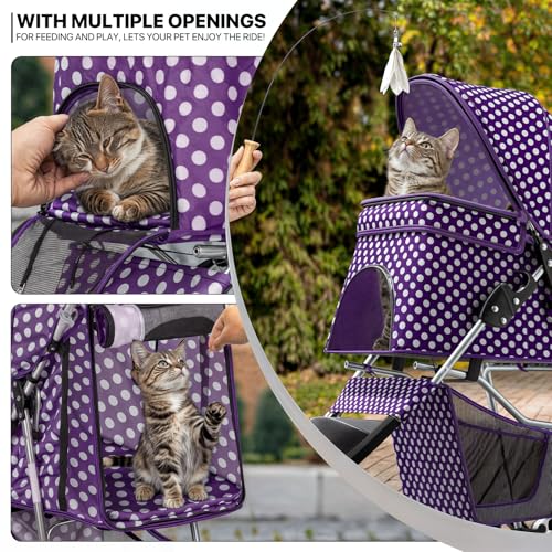 MoNiBloom 3 Wheels Pet Dog Cat Stroller for Small Medium Dogs Cats, Foldable Jogger Stroller w/Storage Basket and Cup Holder, Purple Polka Dots - color: Purple Polka Dots
