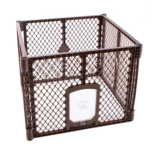 MyPet North States Petyard Passage: 4-Panel Folding Dog Playpen Indoor or Outdoor. 7 sq. ft. Puppy Playpen, Lockable Pet Door. Freestanding Play Pen Dog Gate. Made in USA. 26" Tall, Brown - color: Brown, size: 4-Panel, style: Small Pet Door